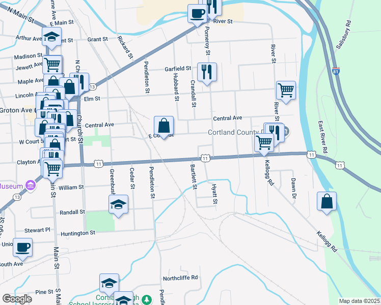 map of restaurants, bars, coffee shops, grocery stores, and more near 142-146 Port Watson Street in Cortland