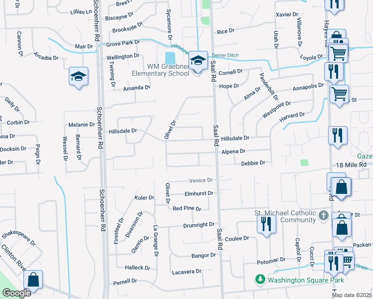 map of restaurants, bars, coffee shops, grocery stores, and more near 14191 Alpena Drive in Sterling Heights