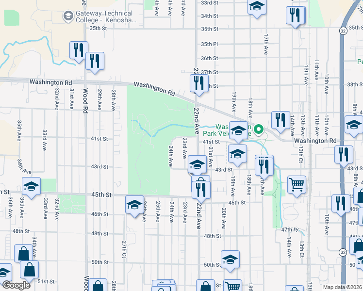 map of restaurants, bars, coffee shops, grocery stores, and more near 4116 23rd Avenue in Kenosha