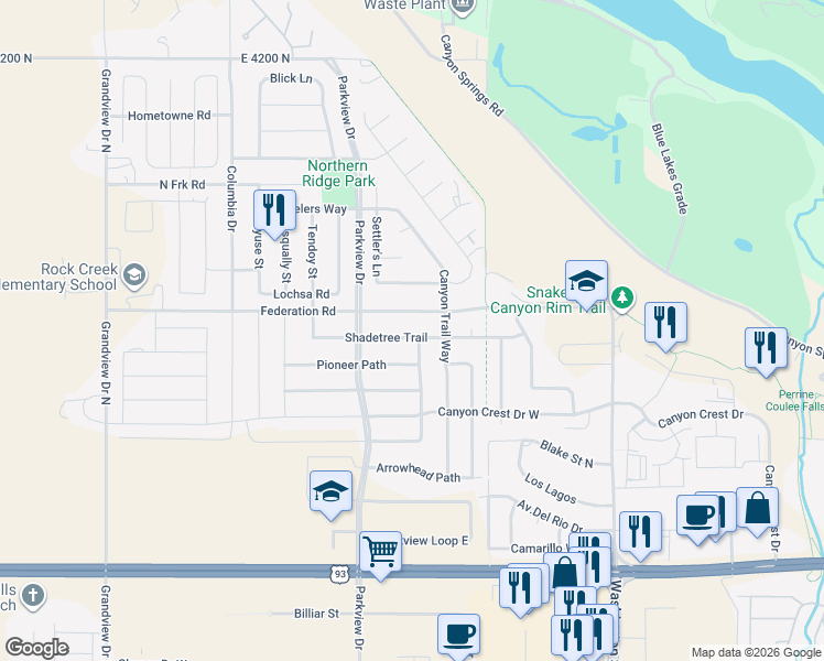map of restaurants, bars, coffee shops, grocery stores, and more near 420 Shadetree Trail in Twin Falls
