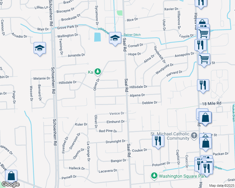 map of restaurants, bars, coffee shops, grocery stores, and more near 14319 Alpena Drive in Sterling Heights