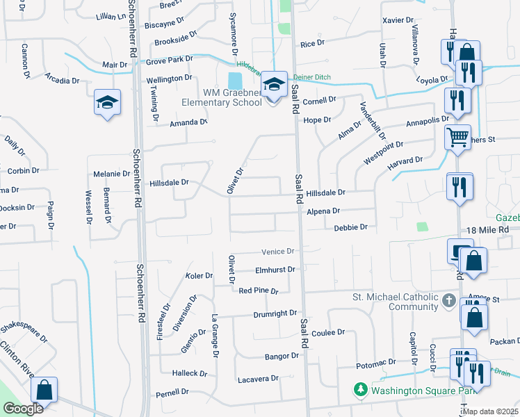 map of restaurants, bars, coffee shops, grocery stores, and more near 14191 Alpena Drive in Sterling Heights