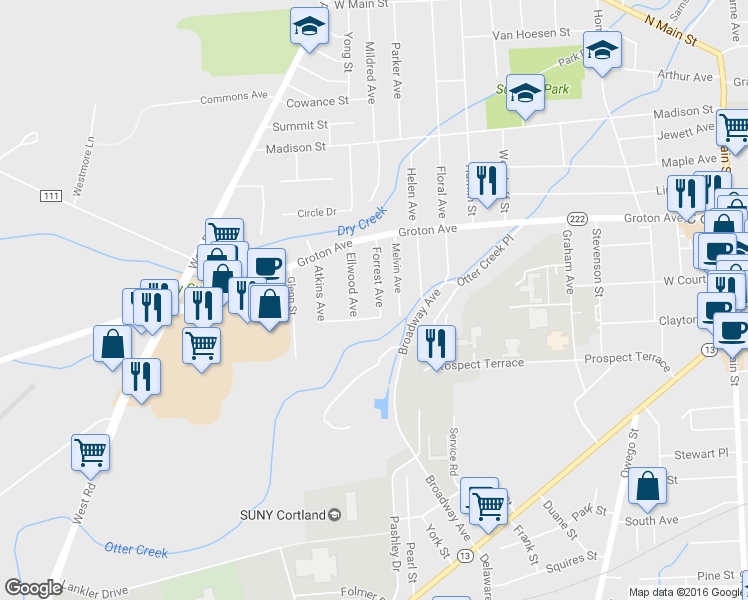 map of restaurants, bars, coffee shops, grocery stores, and more near 18 Forrest Avenue in Cortland