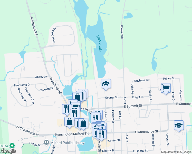 map of restaurants, bars, coffee shops, grocery stores, and more near 904 Hillside Drive in Milford Charter Township