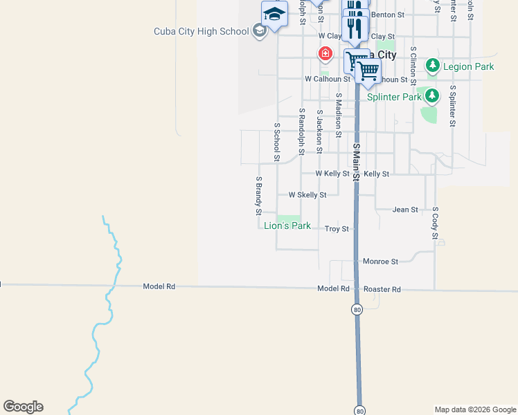 map of restaurants, bars, coffee shops, grocery stores, and more near 909 S Brandy St in Cuba City