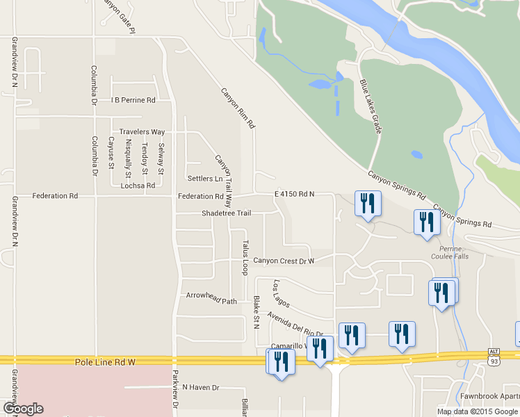 map of restaurants, bars, coffee shops, grocery stores, and more near 284 Shadetree Trail in Twin Falls