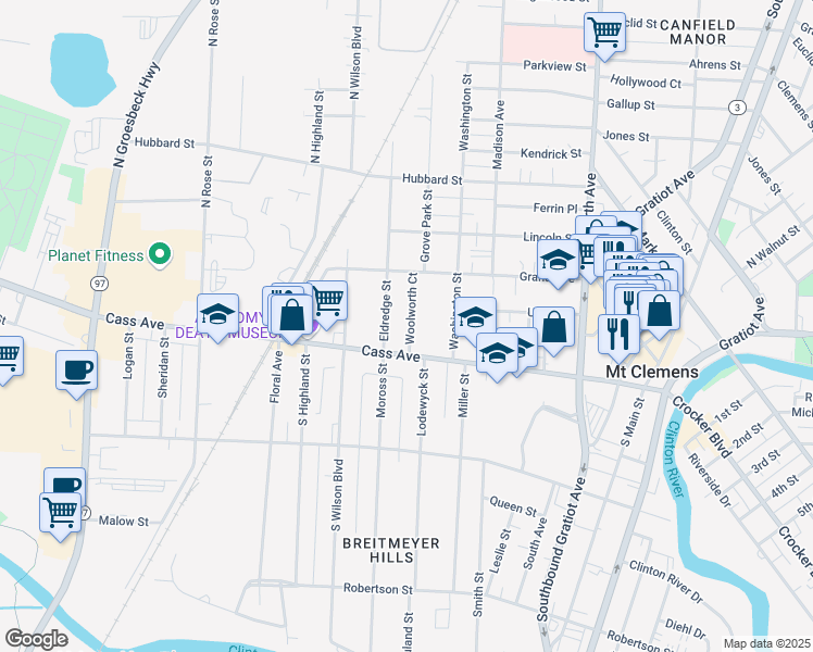 map of restaurants, bars, coffee shops, grocery stores, and more near 21 Woolworth Court in Mount Clemens