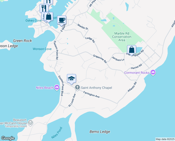 map of restaurants, bars, coffee shops, grocery stores, and more near 17 Hillside Road in Gloucester