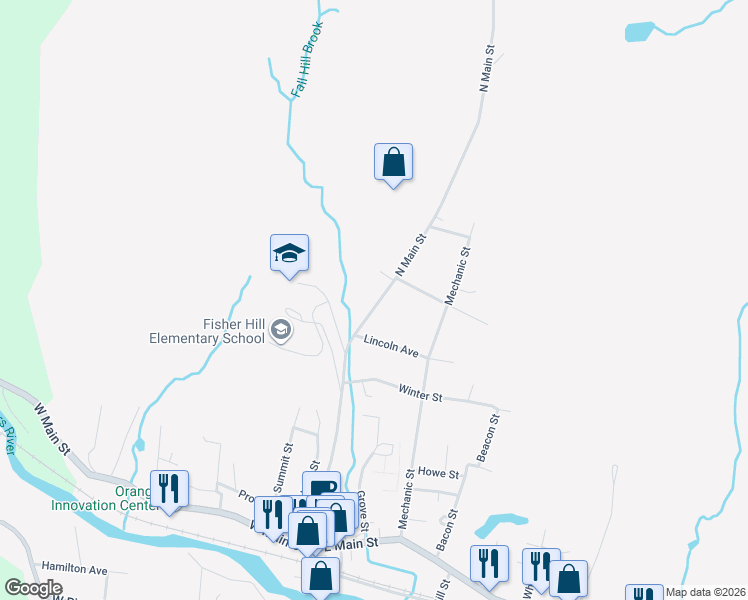 map of restaurants, bars, coffee shops, grocery stores, and more near 229 North Main Street in Orange