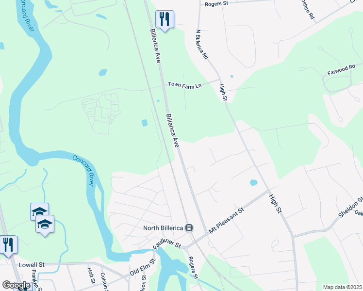 map of restaurants, bars, coffee shops, grocery stores, and more near 57 Billerica Avenue in Billerica