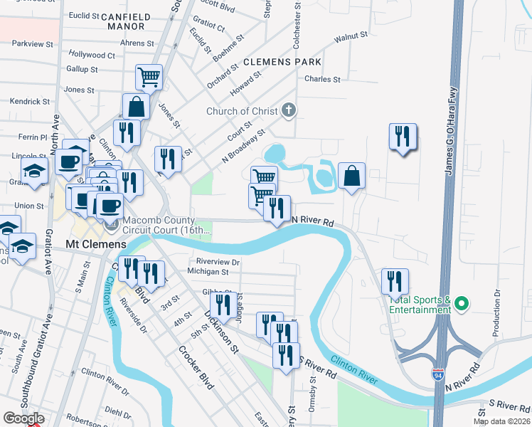 map of restaurants, bars, coffee shops, grocery stores, and more near 135 North River Road in Mount Clemens