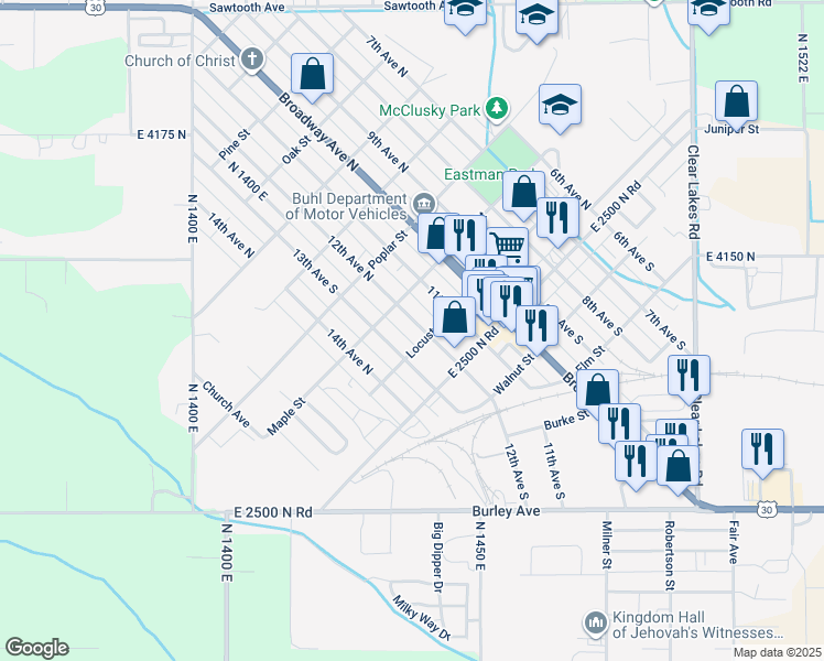 map of restaurants, bars, coffee shops, grocery stores, and more near 209 12th Avenue North in Buhl