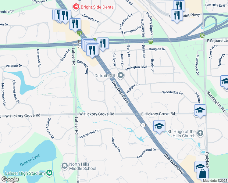 map of restaurants, bars, coffee shops, grocery stores, and more near 42285 Woodward Avenue in Bloomfield Township
