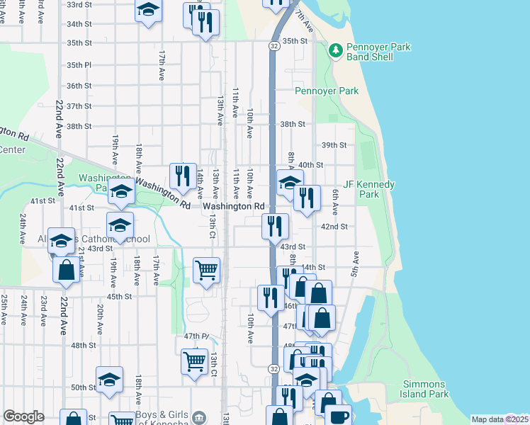 map of restaurants, bars, coffee shops, grocery stores, and more near 911 Washington Road in Kenosha