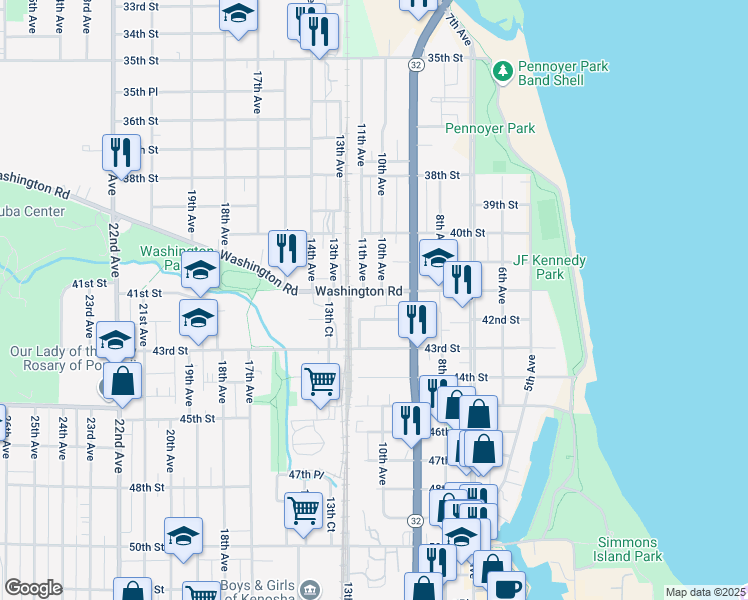 map of restaurants, bars, coffee shops, grocery stores, and more near 1009 Washington Road in Kenosha