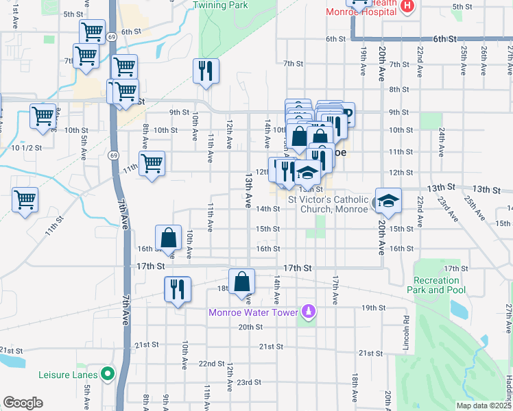 map of restaurants, bars, coffee shops, grocery stores, and more near 1309 14th Street in Monroe