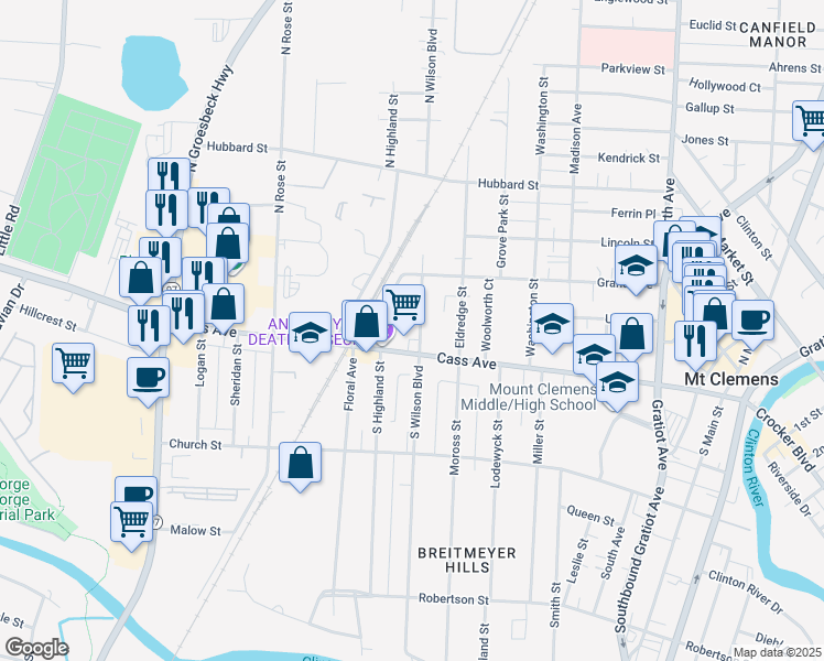 map of restaurants, bars, coffee shops, grocery stores, and more near 13 North Wilson Boulevard in Mount Clemens