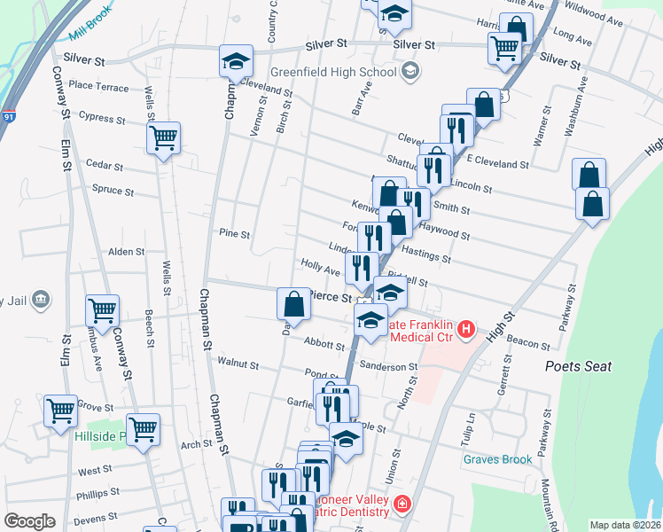 map of restaurants, bars, coffee shops, grocery stores, and more near 23 Holly Avenue in Greenfield