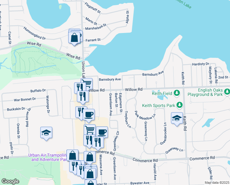 map of restaurants, bars, coffee shops, grocery stores, and more near 2514 Barton Street in Oakland County