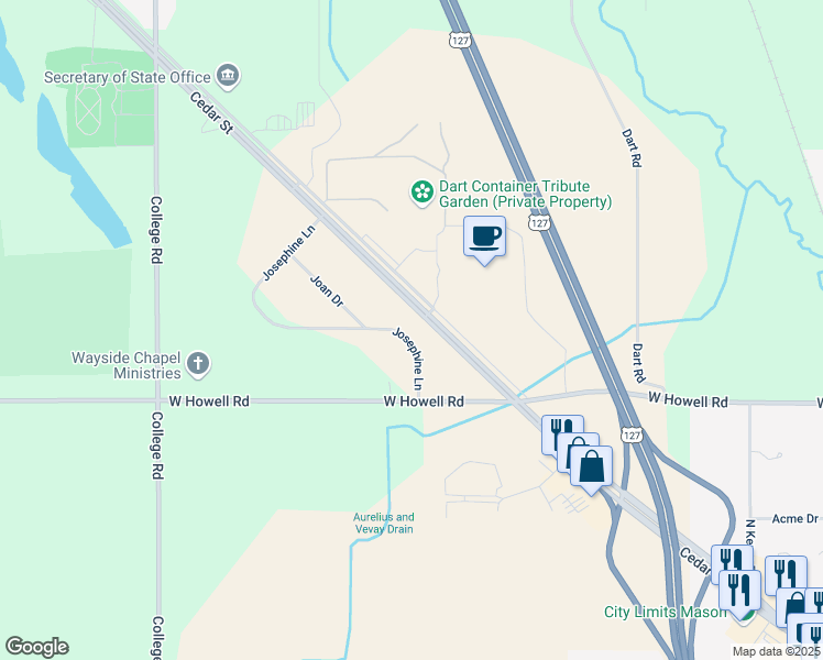 map of restaurants, bars, coffee shops, grocery stores, and more near 3687 Josephine Lane in Mason