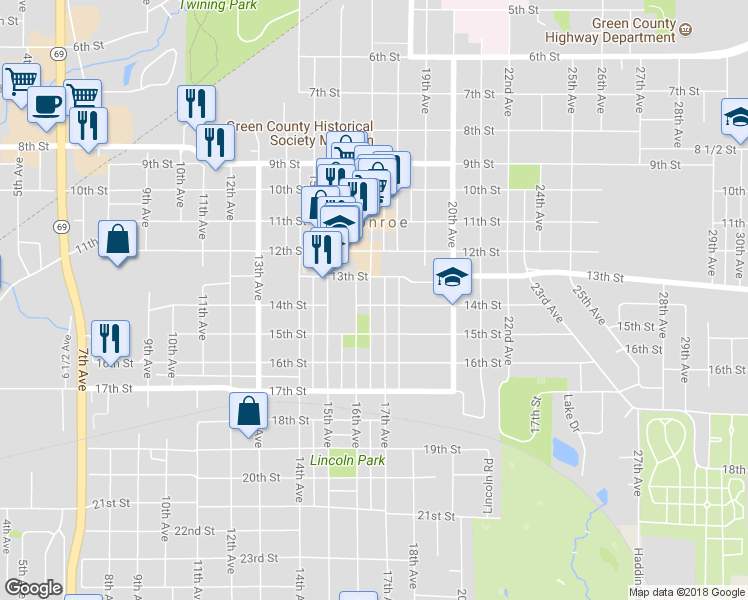map of restaurants, bars, coffee shops, grocery stores, and more near 1619 14th Street in Monroe