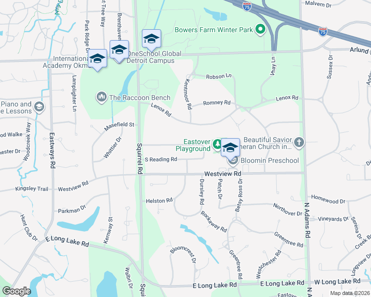 map of restaurants, bars, coffee shops, grocery stores, and more near 960 North Reading Road in Bloomfield Hills