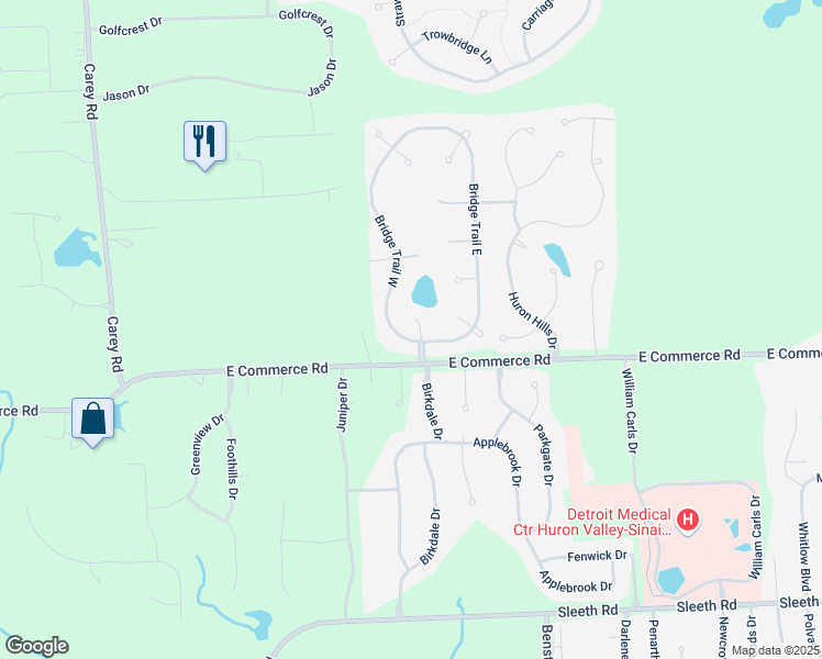 map of restaurants, bars, coffee shops, grocery stores, and more near 5200 Bridge Trail West in Oakland County