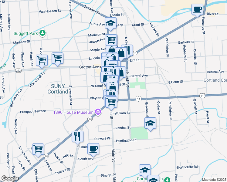 map of restaurants, bars, coffee shops, grocery stores, and more near 79 Main Street in Cortland