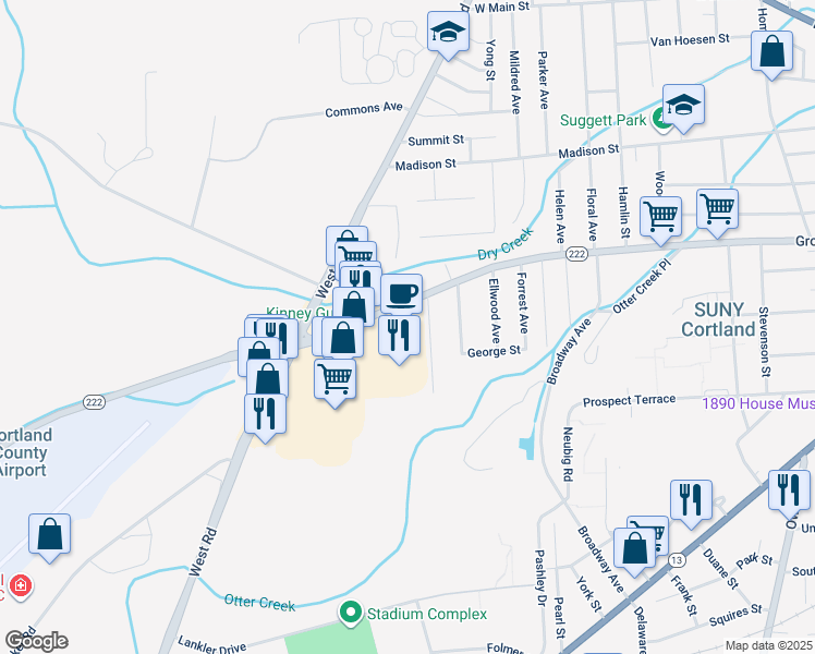 map of restaurants, bars, coffee shops, grocery stores, and more near 1142 New York 222 in Cortland