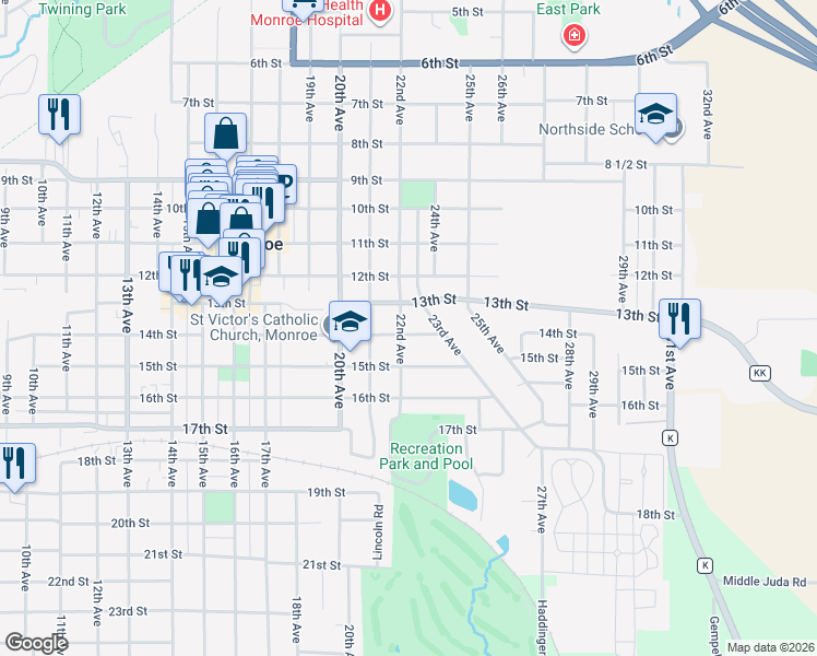 map of restaurants, bars, coffee shops, grocery stores, and more near 2203 14th Street in Monroe