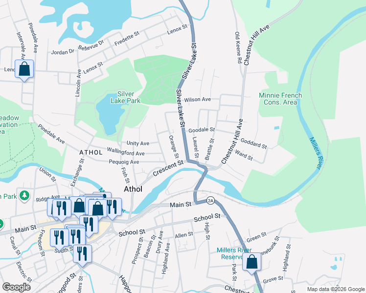 map of restaurants, bars, coffee shops, grocery stores, and more near 41 Massachusetts 32 in Athol