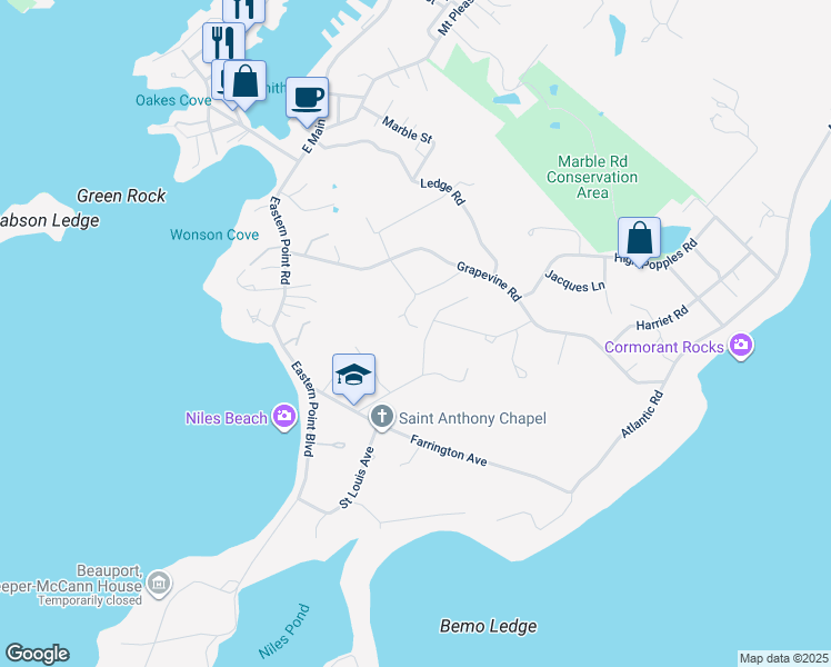 map of restaurants, bars, coffee shops, grocery stores, and more near 17 Hillside Road in Gloucester
