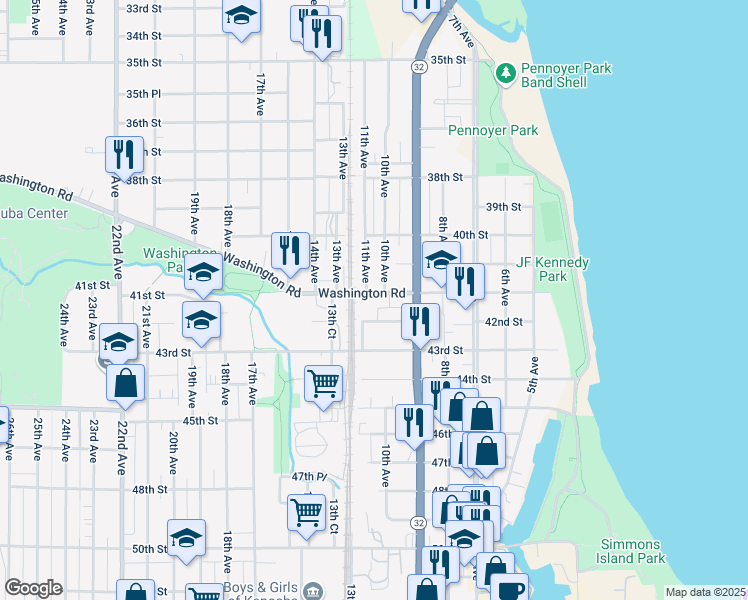 map of restaurants, bars, coffee shops, grocery stores, and more near 1009 Washington Road in Kenosha