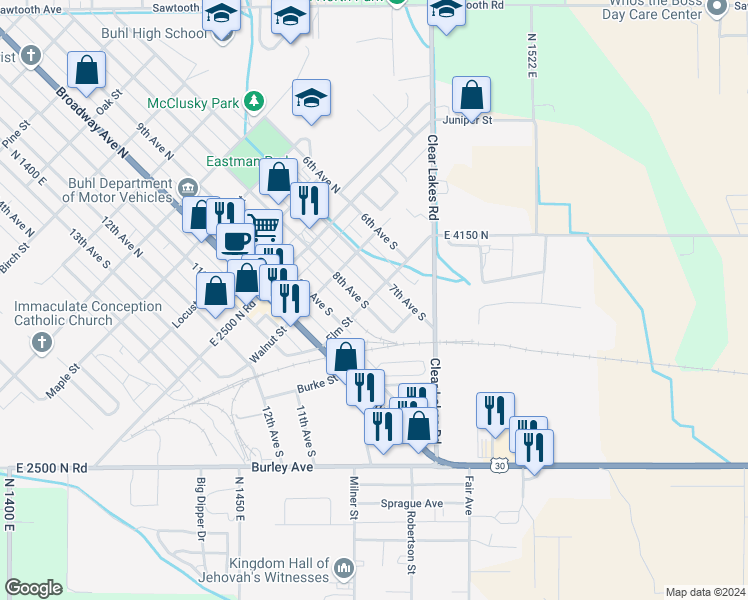 map of restaurants, bars, coffee shops, grocery stores, and more near 312 8th Avenue North in Buhl