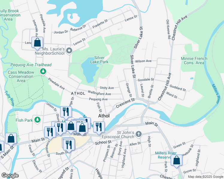 map of restaurants, bars, coffee shops, grocery stores, and more near 438 Wallingford Avenue in Athol