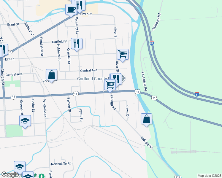 map of restaurants, bars, coffee shops, grocery stores, and more near 218 Port Watson Street in Cortland