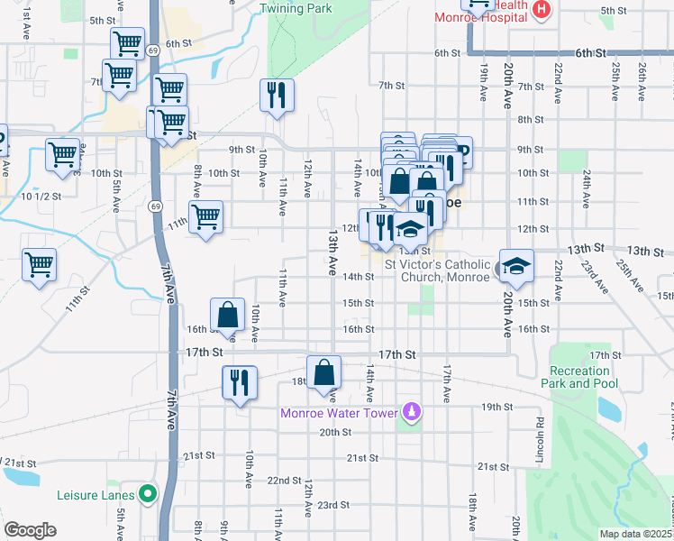 map of restaurants, bars, coffee shops, grocery stores, and more near 1309 14th Street in Monroe