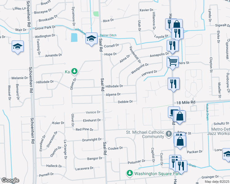 map of restaurants, bars, coffee shops, grocery stores, and more near 14511 Alpena Drive in Sterling Heights