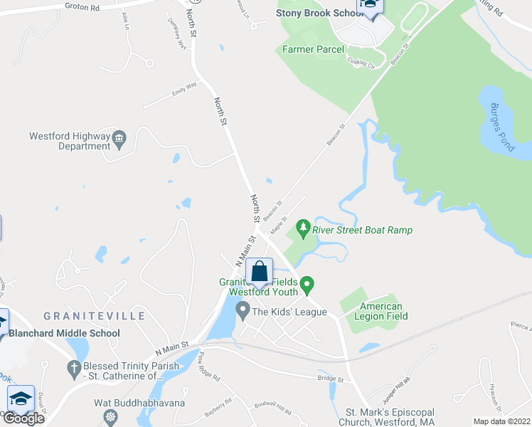 map of restaurants, bars, coffee shops, grocery stores, and more near 10 Beacon Street in Westford