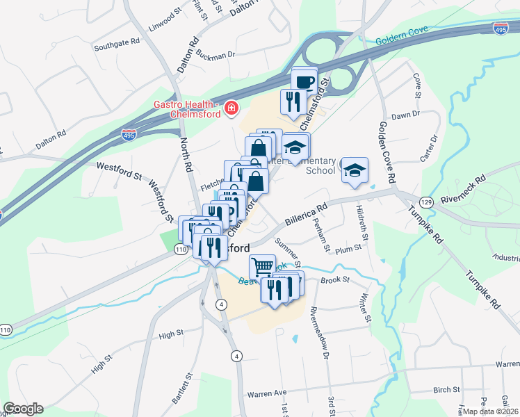 map of restaurants, bars, coffee shops, grocery stores, and more near 11 Wilson Street in Chelmsford