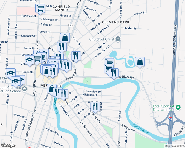 map of restaurants, bars, coffee shops, grocery stores, and more near 75 North River Road in Mount Clemens