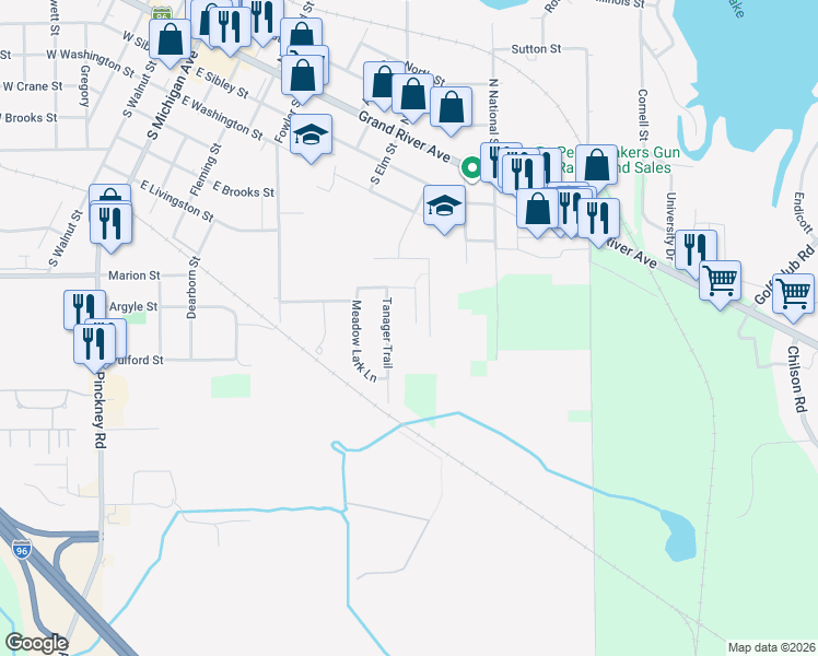 map of restaurants, bars, coffee shops, grocery stores, and more near 903 Tanager Trail in Howell
