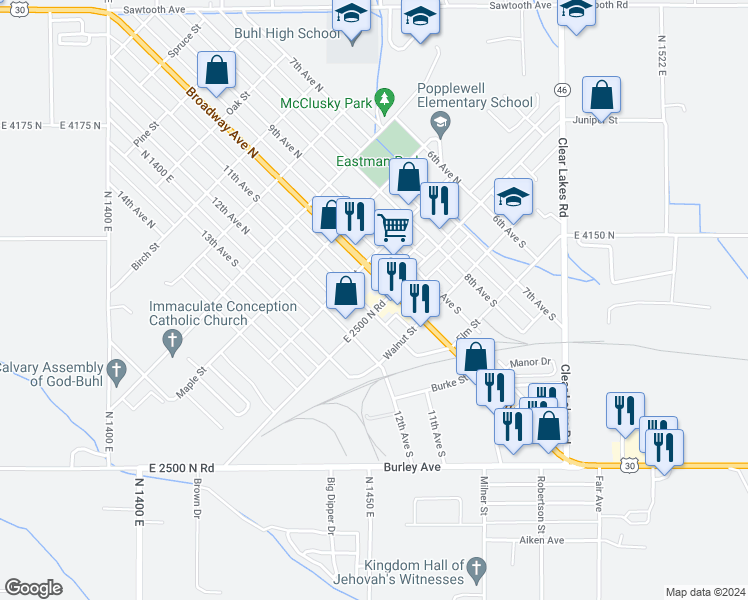 map of restaurants, bars, coffee shops, grocery stores, and more near 1014 Main Street in Buhl