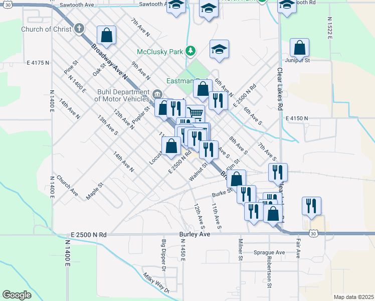 map of restaurants, bars, coffee shops, grocery stores, and more near 1004 Main Street in Buhl