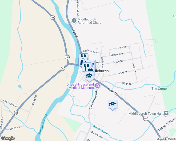 map of restaurants, bars, coffee shops, grocery stores, and more near 325 Main Street in Middleburgh