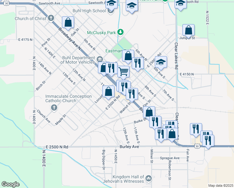 map of restaurants, bars, coffee shops, grocery stores, and more near 1014 Main Street in Buhl