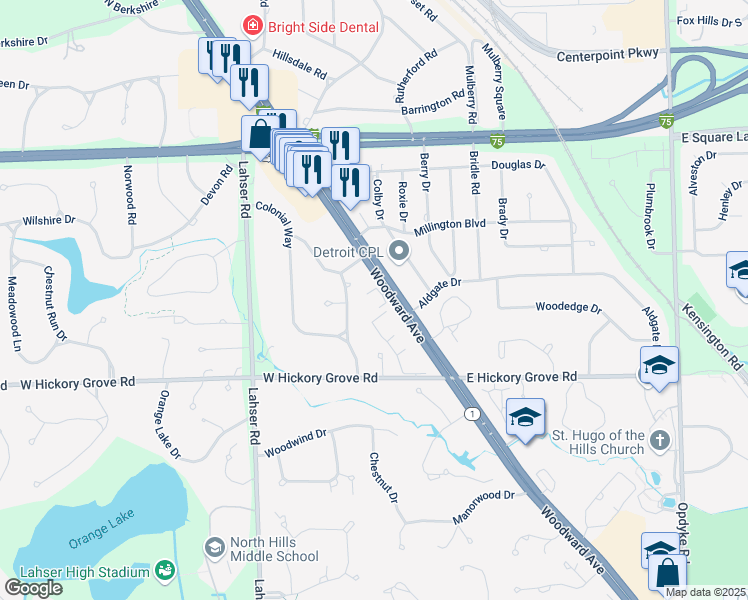 map of restaurants, bars, coffee shops, grocery stores, and more near 42285 Woodward Avenue in Bloomfield Township