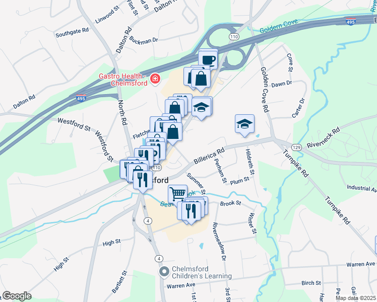 map of restaurants, bars, coffee shops, grocery stores, and more near 10 Wilson Street in Chelmsford