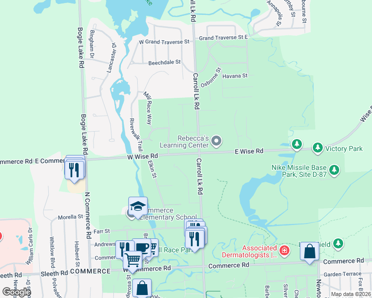 map of restaurants, bars, coffee shops, grocery stores, and more near 160 West Wise Road in Oakland County