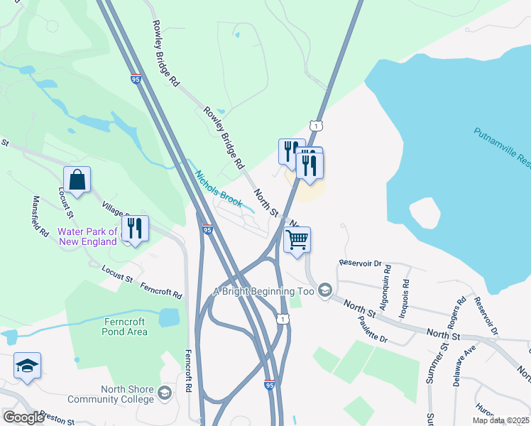 map of restaurants, bars, coffee shops, grocery stores, and more near 230 North Street in Danvers